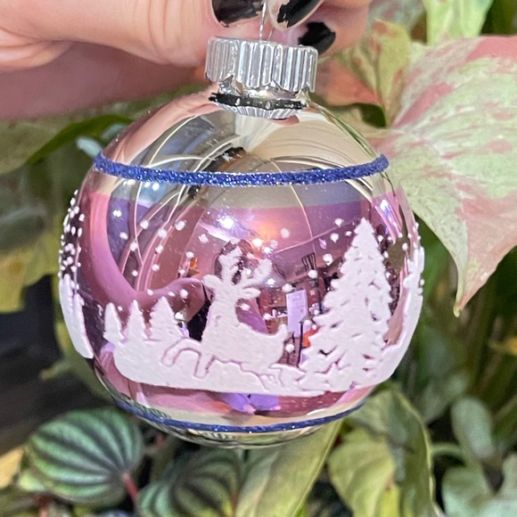 3" Radko Shiny Brite Stenciled Flocked Ornament Reindeer Winter Tree Purple Pink - Picture 2 of 5